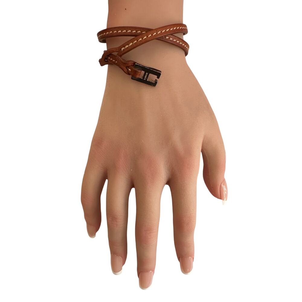 Hermes Tillet Leather Double Wrap Bracelet (Brown w White Stitching) - Picture 9 of 9